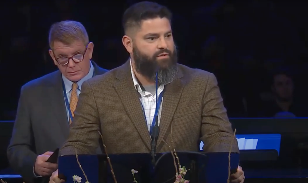 ric Sherwood, pastor of Gore Springs Baptist, makes a motion for the formation of a sexual abuse task force at the Mississippi Baptist Convention Annual Meeting on Oct. 26. The motion was not passed by the messengers.
