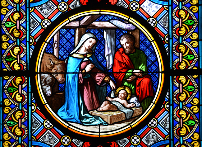 Nativity Scene. Stained glass window in the Basel Cathedral.