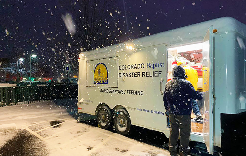 Colorado Baptist Disaster Relief personnel are helping care for evacuees of a fire that raged through neighborhoods west of Denver last week, one day before heavy snowfall blanketed the area. (Submitted photo)