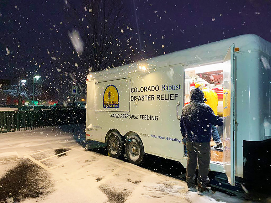 Colorado Baptist Disaster Relief personnel are helping care for evacuees of a fire that raged through neighborhoods west of Denver last week, one day before heavy snowfall blanketed the area. (Submitted photo)