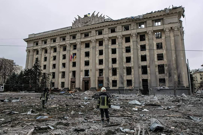 SCENE OF DESTRUCTION – The Kharkiv regional state administration building in Freedom Square after it was bombed March 1.