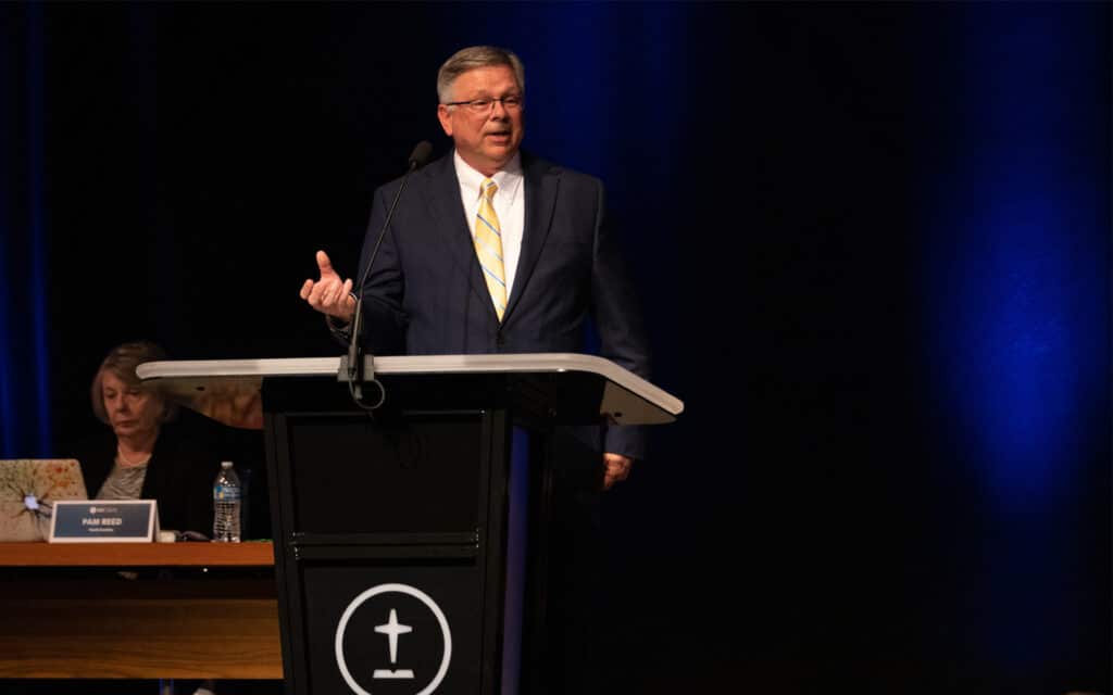 Marshall Blalock, Abuse Reform Implementation Task Force chairman, presents an update to the SBC Executive Committee on Feb. 20 in Nashville. (Baptist Press/Brandon Porter)