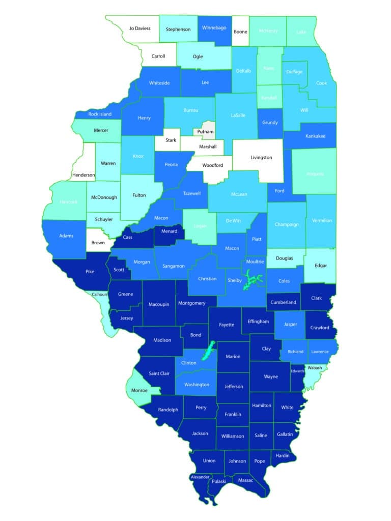 10 Illinois counties (in white) have no SBC church.
