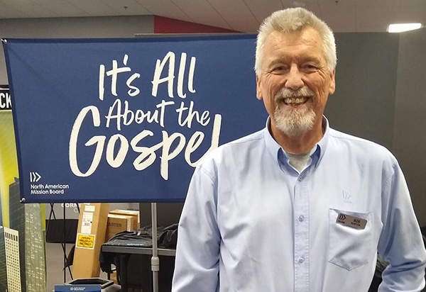 Bob Burton represents the North American Mission Board at a booth in the exhibit hall at the 2019 IBSA Annual Meeting at Cornerstone Church in Marion.