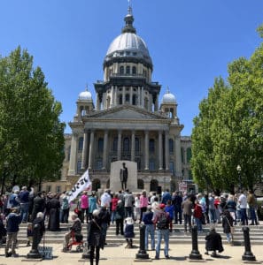 Pro-life advocates protest SB 1909 at the Illinois State Capitol in Springfield on April 26, 2023.