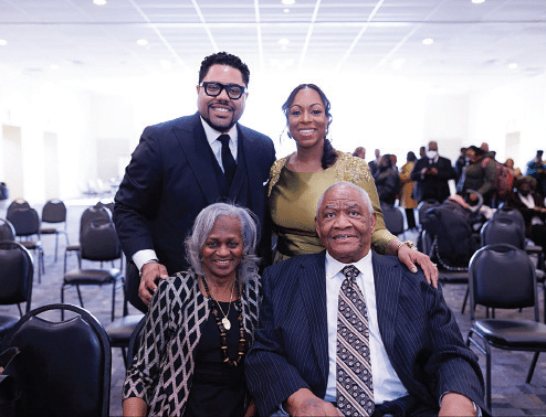 Pastor Jasper Taylor and his wife Valerie. Seated are former Pastor Clarence Hobson and his wife Lennis.