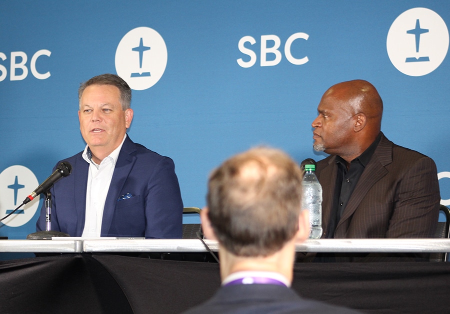 Newly elected SBC Executive Committee Chair Philip Robertson (L) and Vice Chair Anthony Dockery at a press conference following their elections.